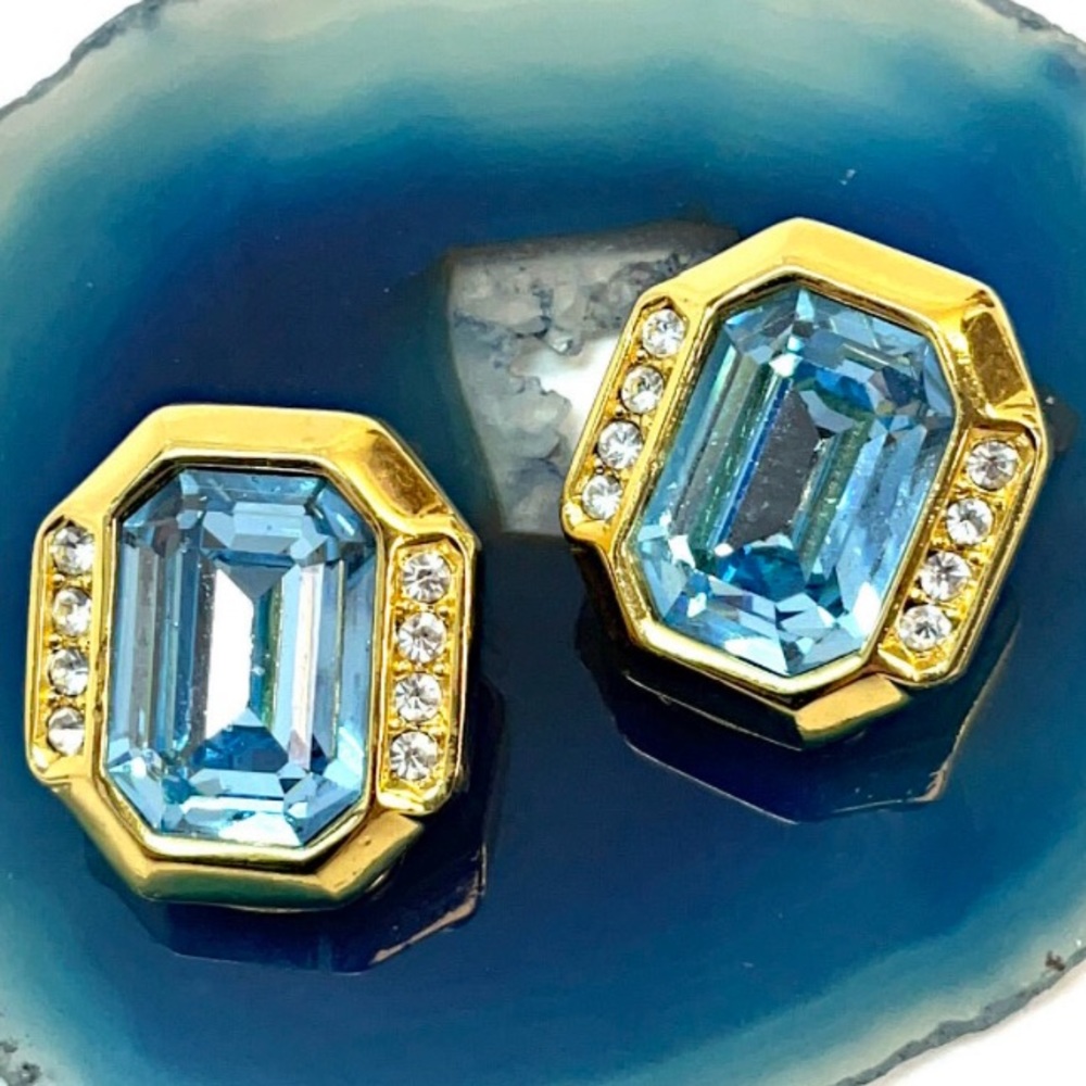 SOLD Vintage Christian Dior Earrings Blue Aquamarine Crystal Gold Plated Clip On